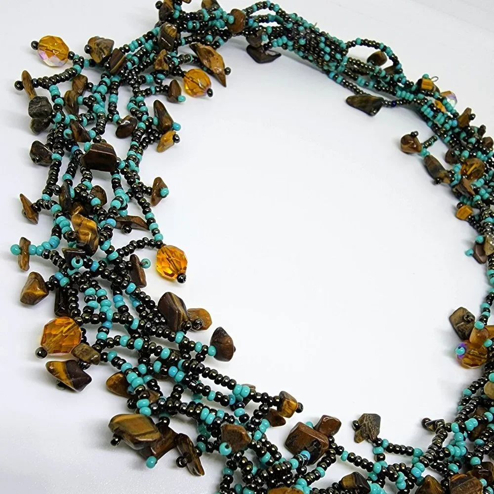 Artisan Turquoise Amber Tiger Eye 6 Strand Beaded Statement Collar Necklace